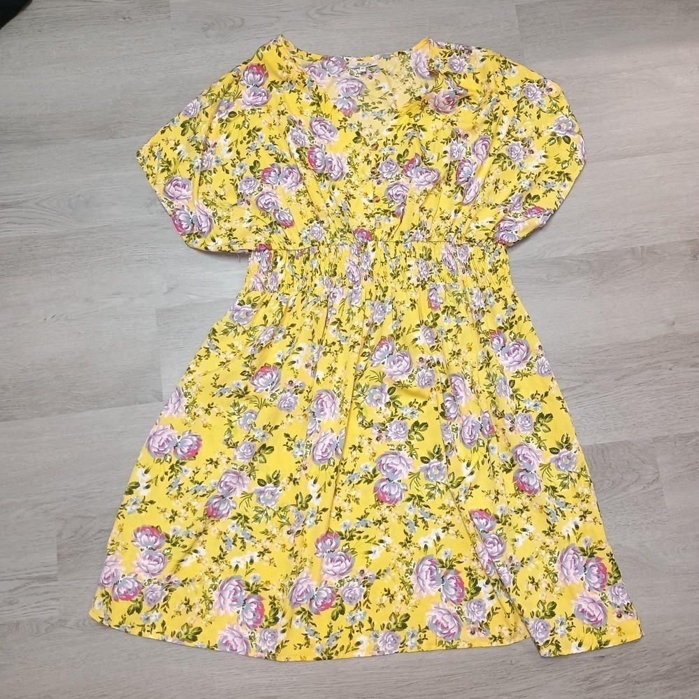 Mph Collection Women's Yellow Floral Cinch Elastic Waist Size 1x Comfy Flowy